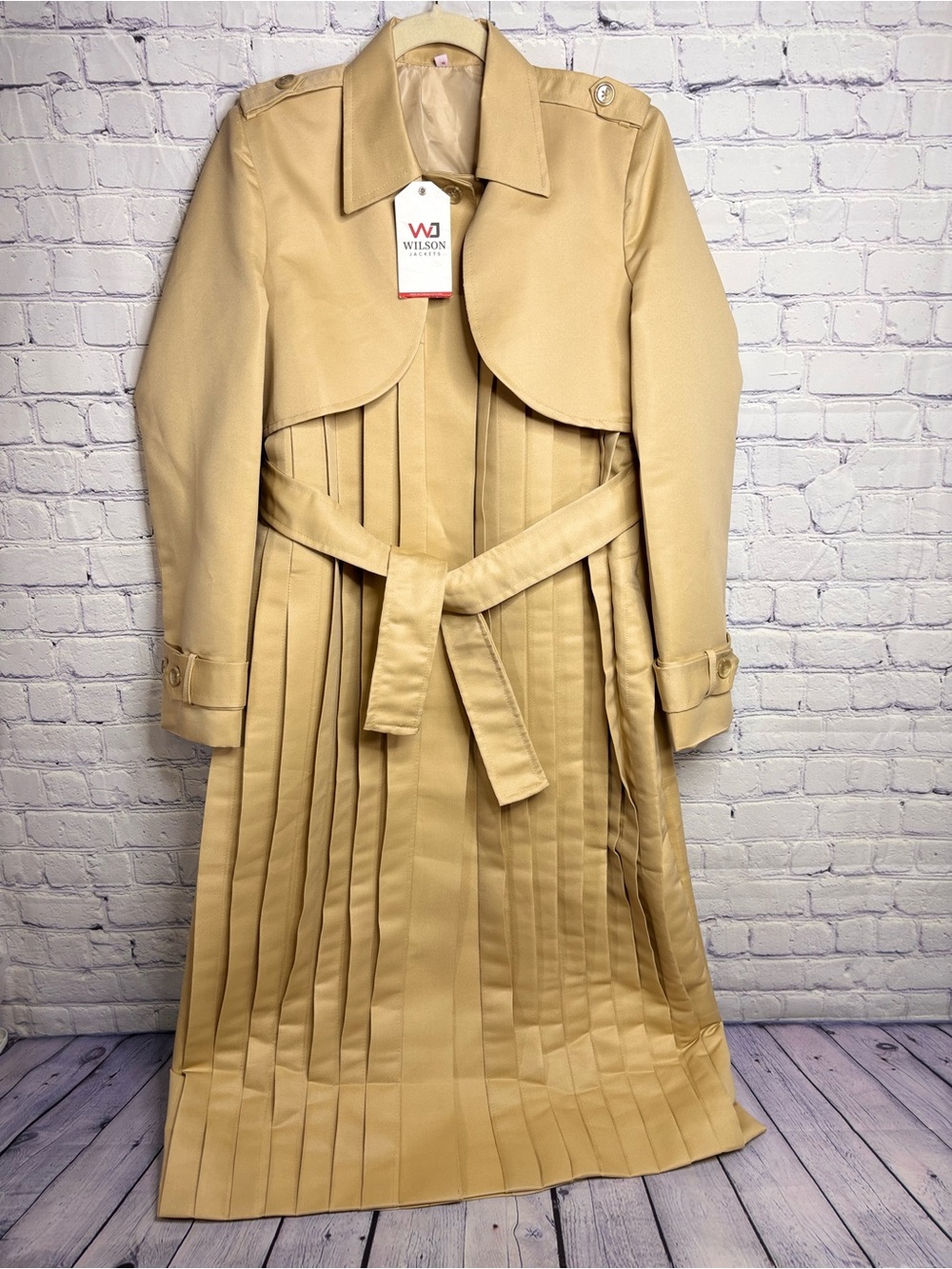 NWT Wilson Jackets Tan Beige Classic Pleated Minimalist Academia Trench Coat M - Picture 1 of 11